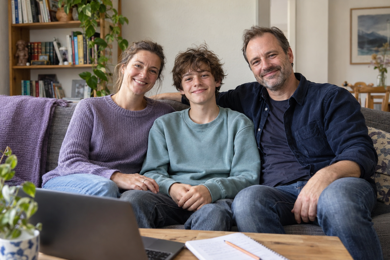 Familie sitzt gemeinsam am Laptop und begleitet den Online-Unterricht ihres Kindes