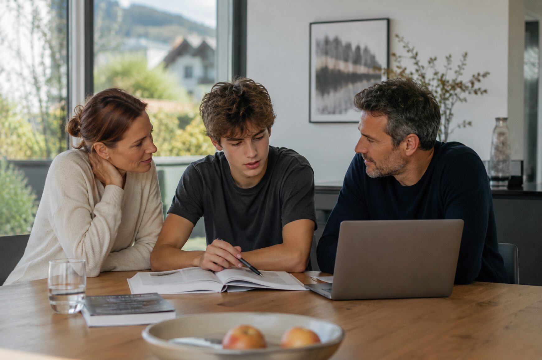 Familie sitzt zusammen am Tisch und hilft ihrem Sohn, den richtigen Weg nach der Gymi-Prüfung zu finden