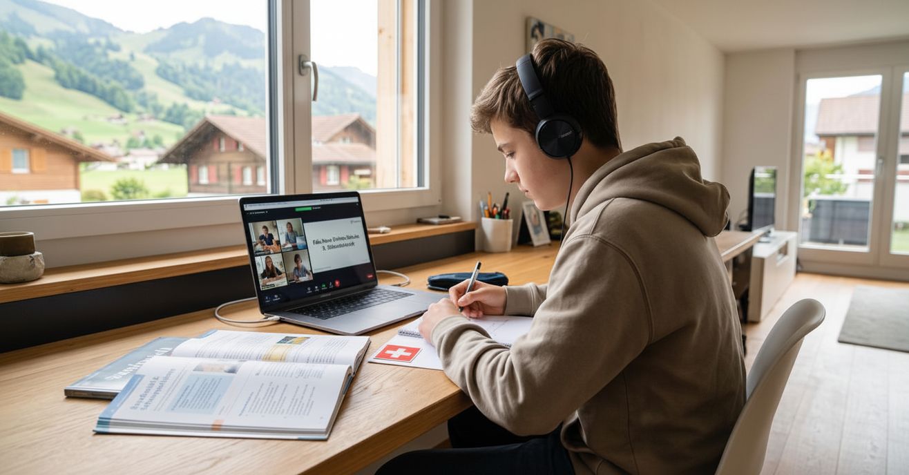 Schüler absolviert die 3. Sek im Homeschooling und nimmt an einer digitalen Unterrichtsstunde mit Lehrperson und anderen Jugendlichen teil.