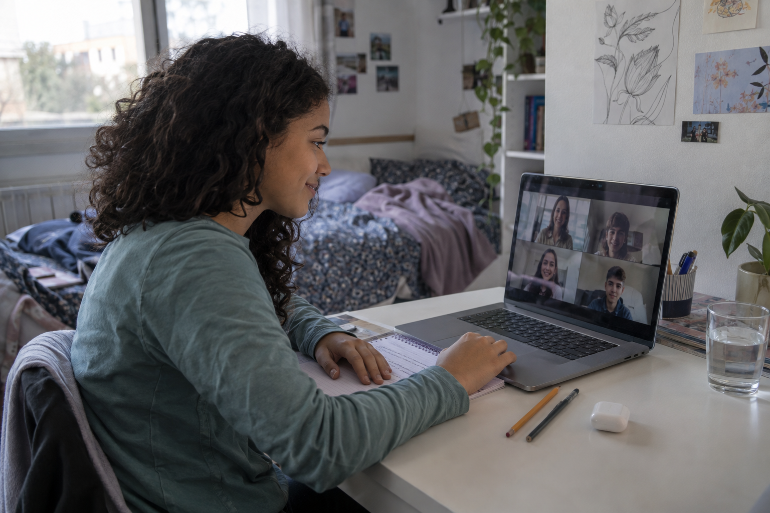 Schüler:innen nehmen in einer Videokonferenz gemeinsam am Online-Klassenunterricht teil