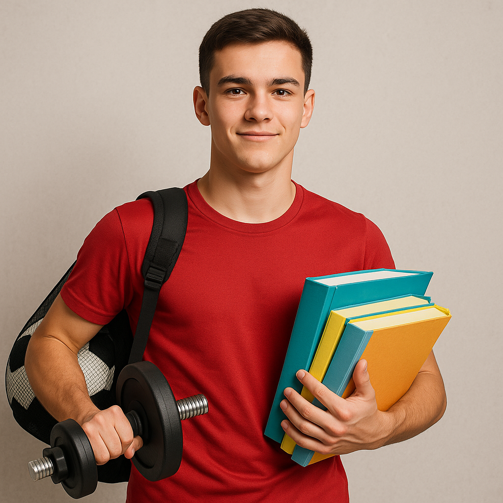 Ein Sportler mit Schulbüchern und Trainingsausrüst