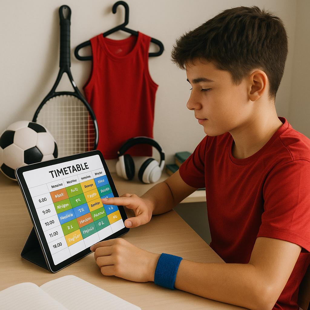 Ein junger Sportler sitzt mit seinem Tablet an ein