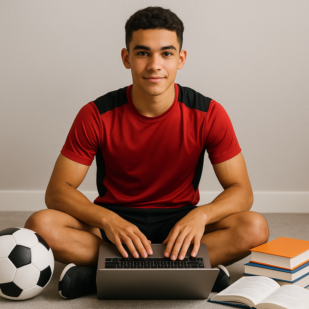 Junger Sportler in Trainingskleidung sitzt mit Lap