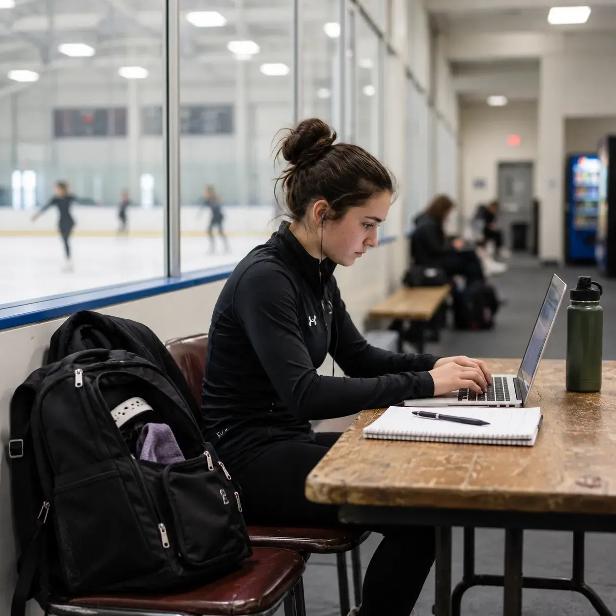 Eine junge Sportlerin plant am Laptop ihren Lernplan, neben ihr liegen eine Sporttasche und ein Kalender mit Trainingslager und Turnieren